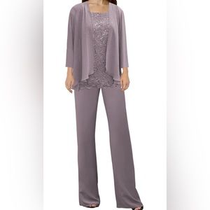 NWT Mauve 3 Piece Dress Pant Suits Lace Evening Formal Pantsuit